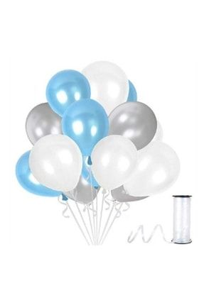 9 Adet Gümüş - Beyaz- Mavi Metalik Balon 3'lü Renk - 12 Inç 10009MTST