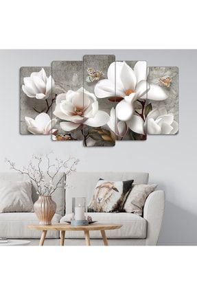 Modern Beyaz Çiçekler - 5 Parçalı Dekoratif Tablo Q5-0621