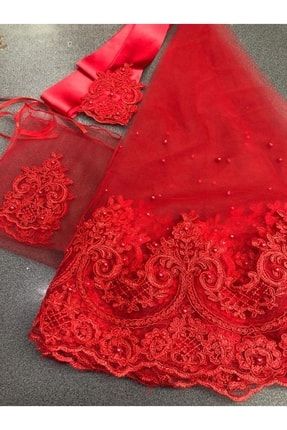 Kırmızı Sultan Güpürlü Inci Süslemeli Gelin Duvak Kuşak Eldiven Set Kına Gecesi Düğün Tac Model
