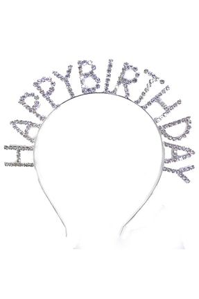 Parti Gümüş Renk Metal Taşlı Happy Birthday Yazılı Doğum Günü Tacı SMRMETAL-HAPPY