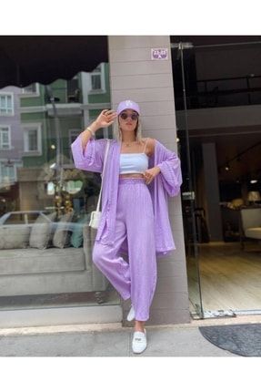 Lila Gofre Kimono-pantolon Takım MM003