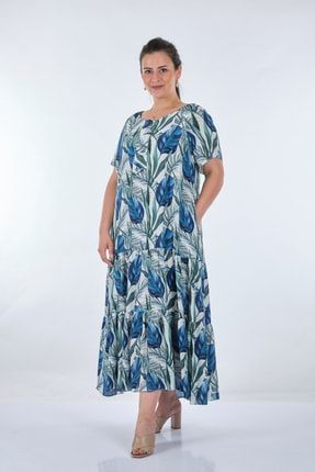 Yuvarlak Yaka Büyük Beden Çiçekli Kısa Kollu Mavi Kadın Elbise 2212001072
