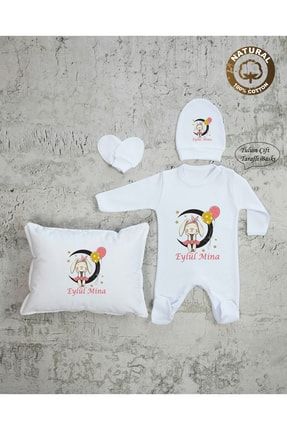 Ty K54 Isimli Kız Bebek Yastık Tulum Şapka Eldiven Set Beyaz Hastane Çıkışı %100 Pamuk YzcK2047