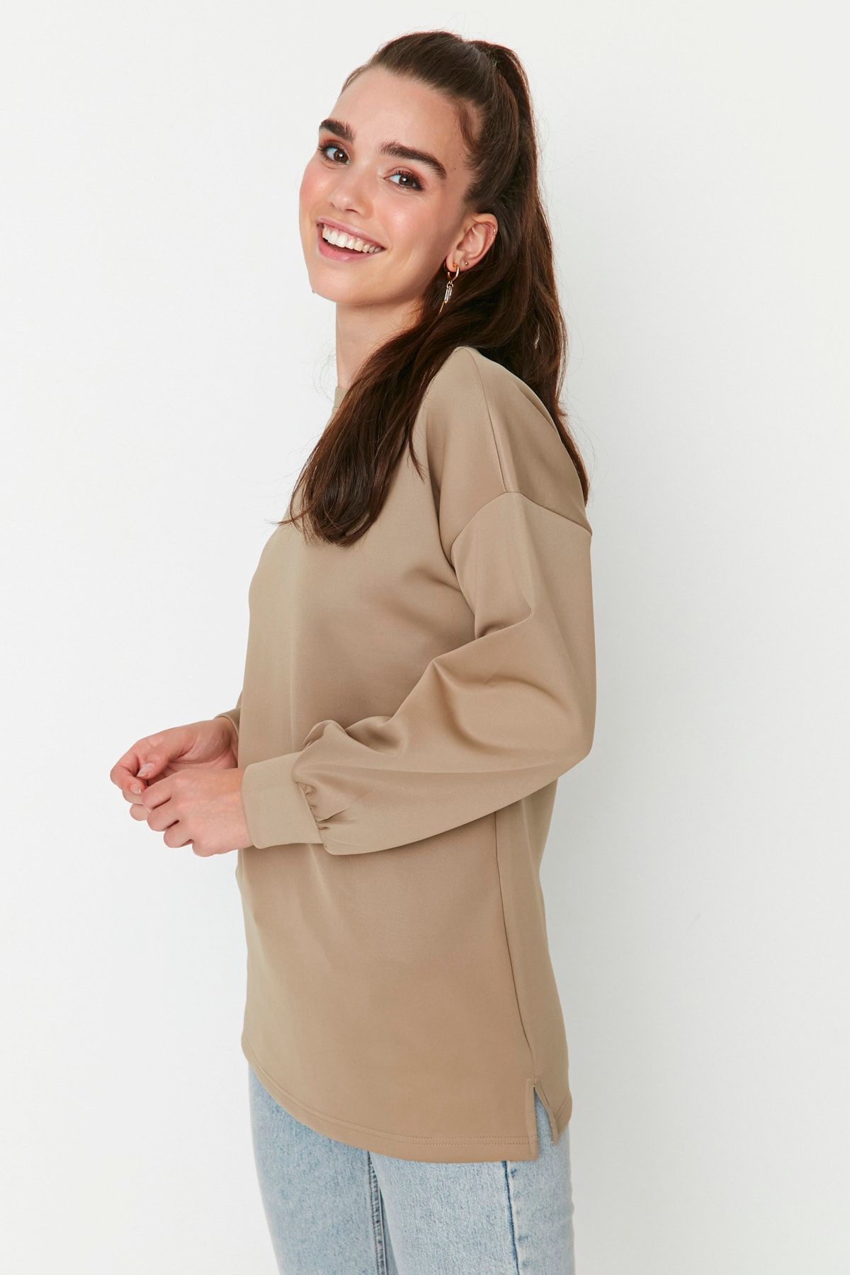 Trendyol Modest Vizon Bisiklet Yaka Basic Örme Sweatshirt TCTAW23TW00052 RN10137