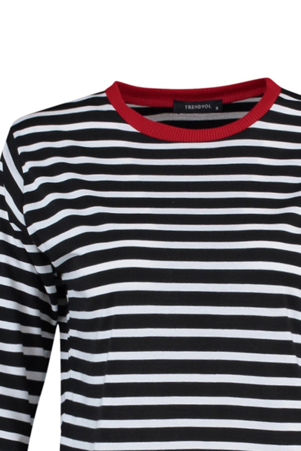 Trendyolmilla  Siyah Çizgili Relaxed Kalıp Basic Bisiklet Yaka Renkli Ribanalı Örme T-Shirt TWOAW23TS00026 - Görsel 7