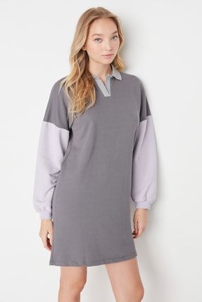 Gri Renk Bloklu İnce Mini Örme Elbise TWOAW23EL00449