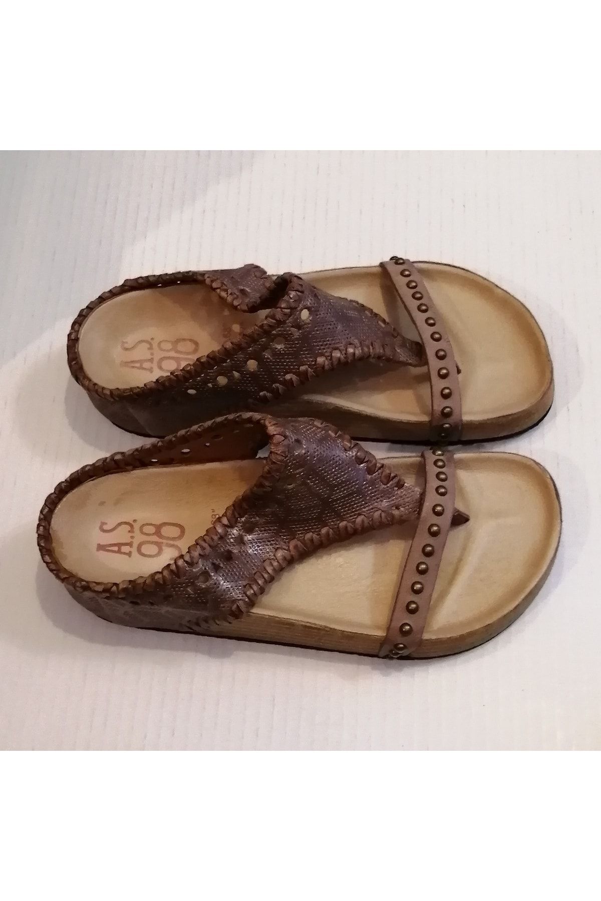 AS 98-Women's Genuine Leather Print Pattern Bronze Handmade Spiral Leather Ribbed Wedge Sole Flip Flops 2