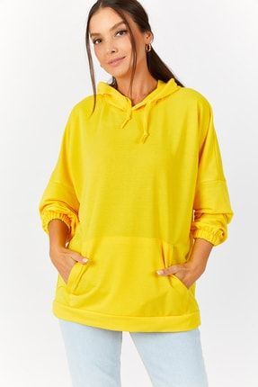 Kadın Sari Kapüşonlu Cepli Sweatshirt ARM-21K024027