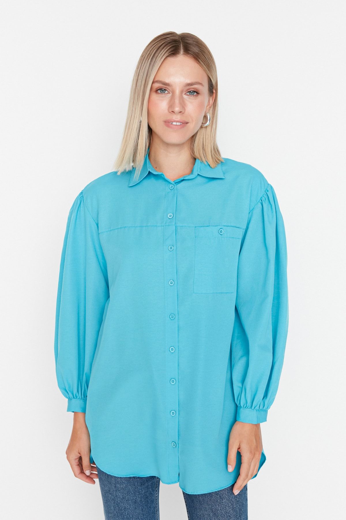 Trendyol Modest Hemde Türkis Regular Fit Fast ausverkauft FR8649