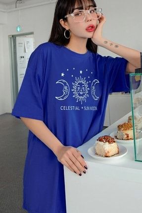 Kadın Sax Mavi Oversize Celestial Sun Moon Salaş Boyfriend Oversize 0 Bisiklet Yaka Pamuk T-shirt FoxSkinSportswearCompanysunmoonyn