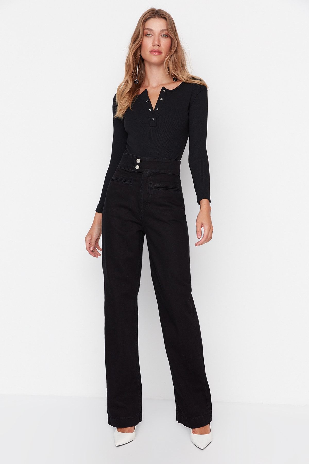 Trendyol Collection Jeans Schwarz Wide Leg Fast ausverkauft
