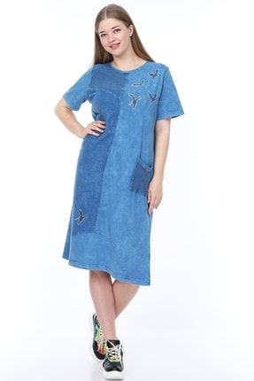 Kadın Mavi Büyük Beden Tek Cep Taş Işlemeli Detaylı Yıkamalı Elbise 2218