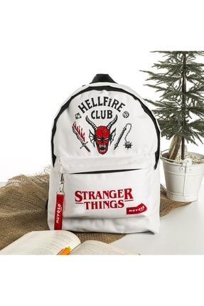 Stranger Things Hellfire Club Baskılı Beyaz Okul Sırt Çantası strngrçnt