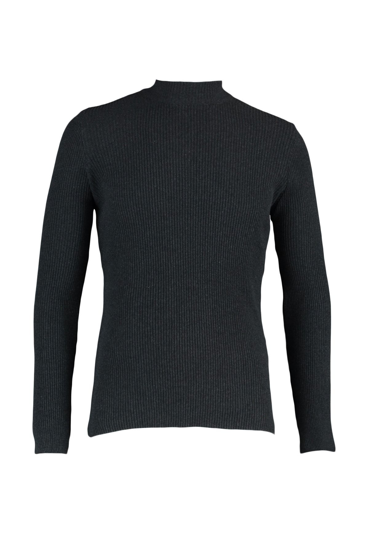 Trendyol Collection-Anthrazitfarbener, gerippter Strickpullover aus Baumwolle – halber Rollkragenpullover, schmale Passform TMNAW21KZ0568 7