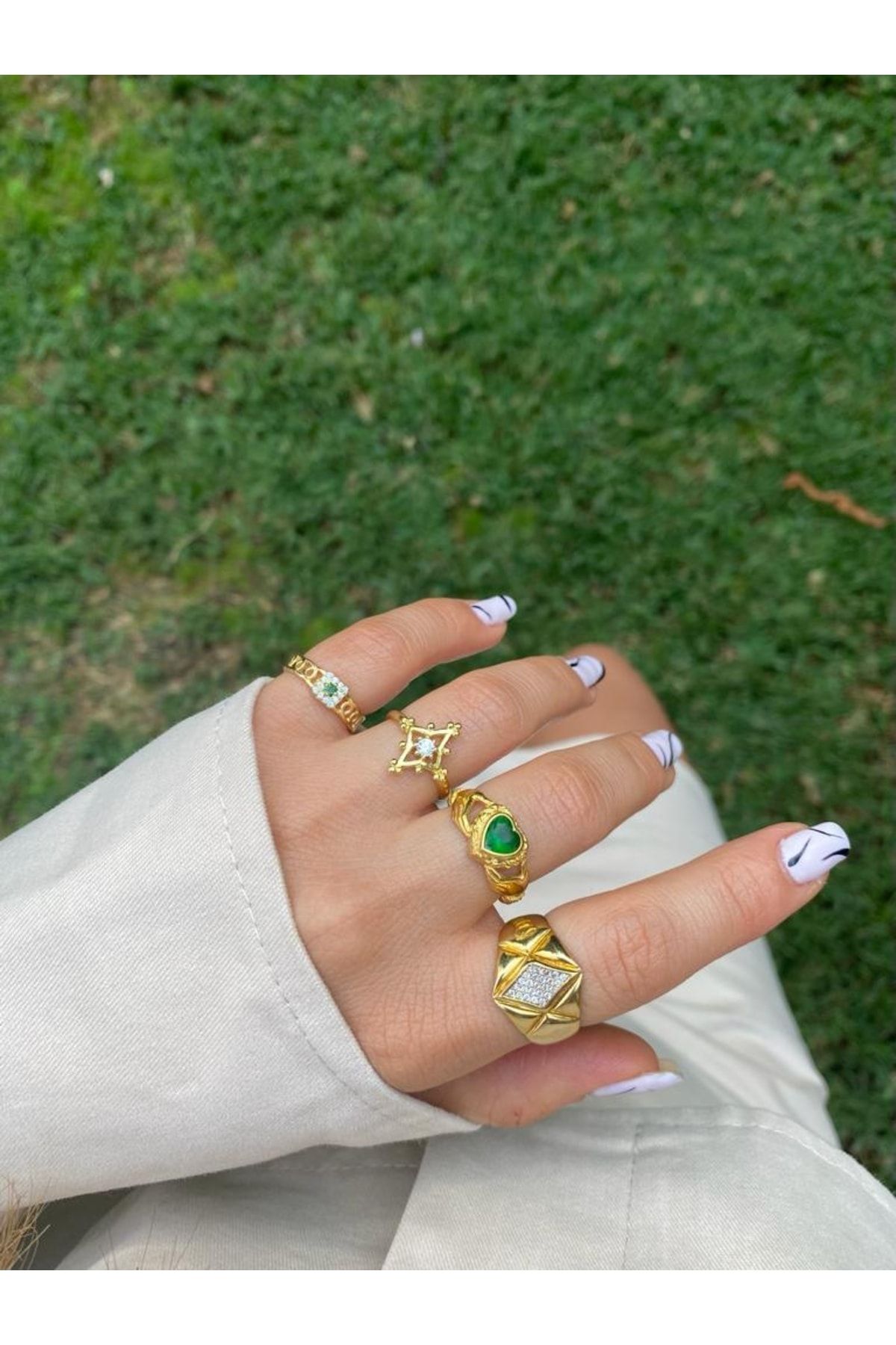 by dys jewelry 925 Ayar Yeşil Kalpli El Vıntage Gold Yüzük
