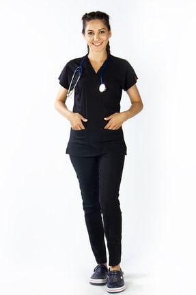 Siyah U-flex Likralı Doktor Hemşire Forma Cerrahi Takım UFLEX-700-YAYE-K