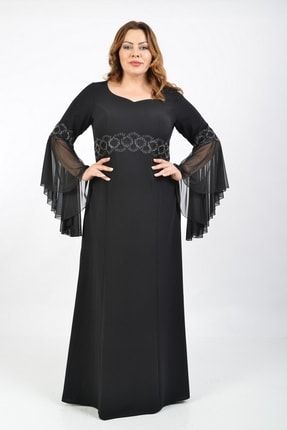 Büyük Beden Siyah Renkli Krep Uzun Abiye Elbise 9120