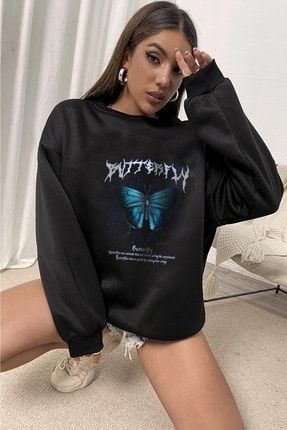 Siyah Kelebek Baskılı Oversize Sweatshirt SWE-BUTTERFLY