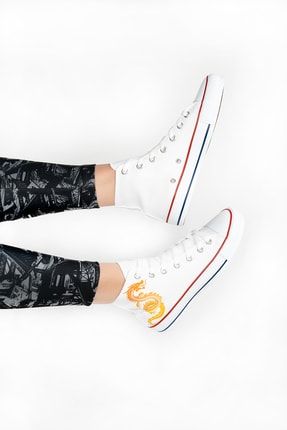 Kadın Beyaz Sarı Ejderha Baskılı Convers Keten Bilekli Sneaker Spor Ayakkabı EJDRH093