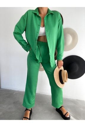Kadın Yeşil Gömlek Ve Yandan Cepli Pantolon Takımı Laluna515SIPT