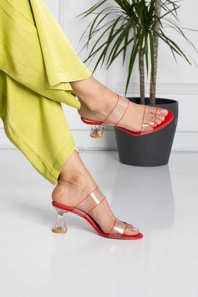 Sandalet Topuklu Şefaf Kırmızı Cizgili Sağlıklı Bayan Ayakkabı 0000015