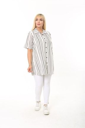 Kadın Beyaz Çizgili Carla Crep Büyük Beden Kısa Kol Gömlek MSST600