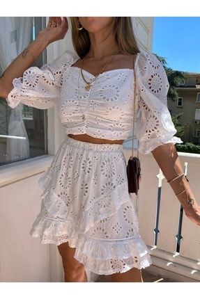 Beyaz Fisto Astarlı Etek Crop Bluz Ikili Takım MM222-8033
