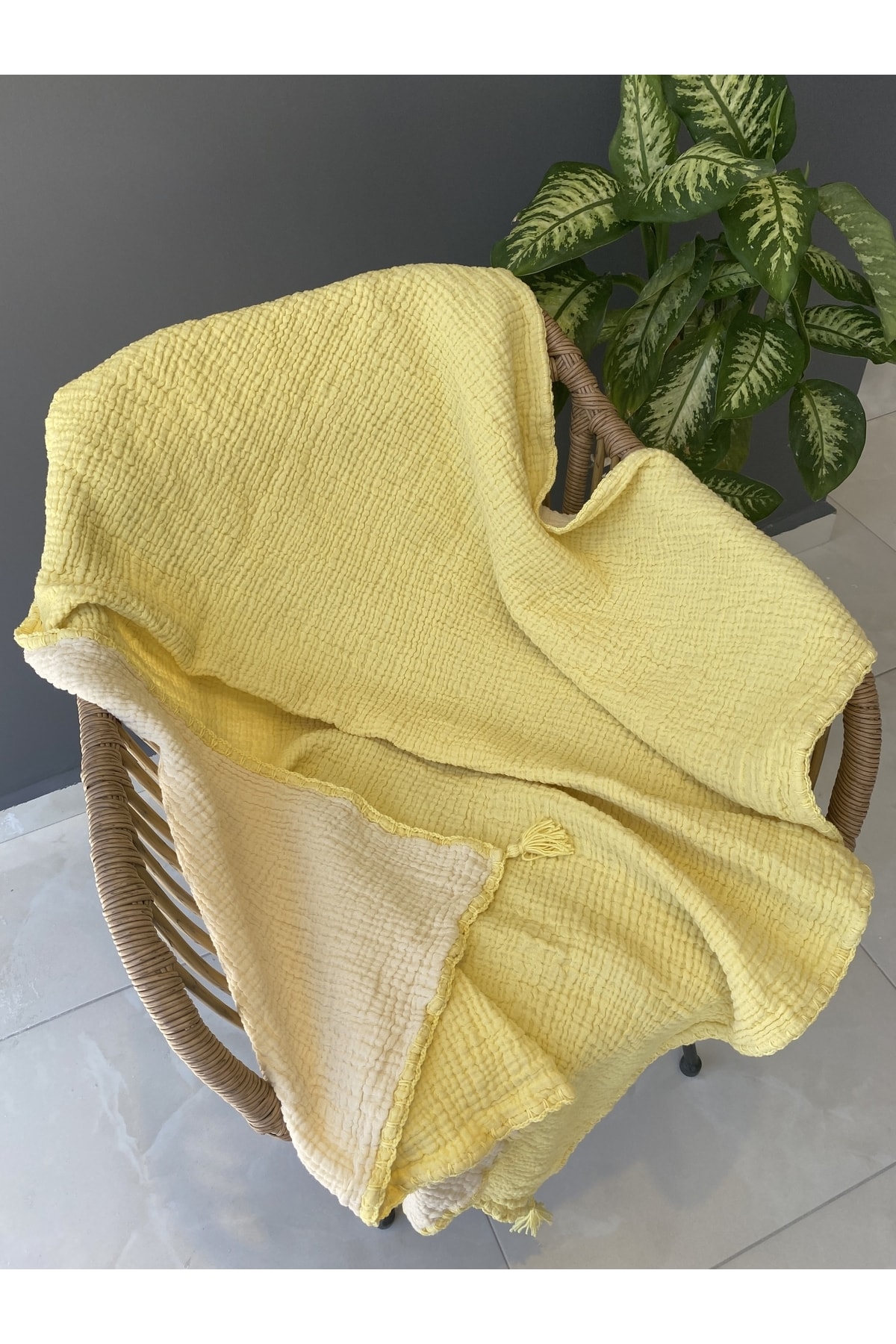 YASEMİNİNEVİ Sarı-ekru Bebek Müslin Örtü, 4 Kat 100% Pamuk Müslin fotoğrafı 2 (önizleme)