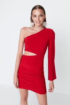 Kırmızı Drape Detaylı Örme Elbise TPRAW23EL00059