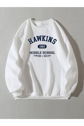 Kadın Beyaz Hawkins Baskılı Oversize Sweatshirt TW-TIMSHSWEAT