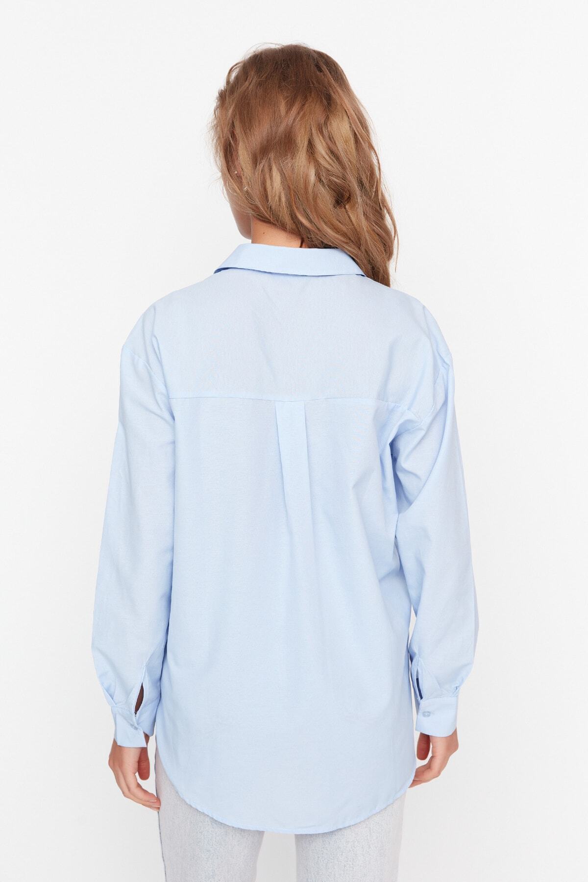 Trendyol Collection-Cămașă țesută din bumbac, albastră, cu corp larg TWOAW20GO0107 6