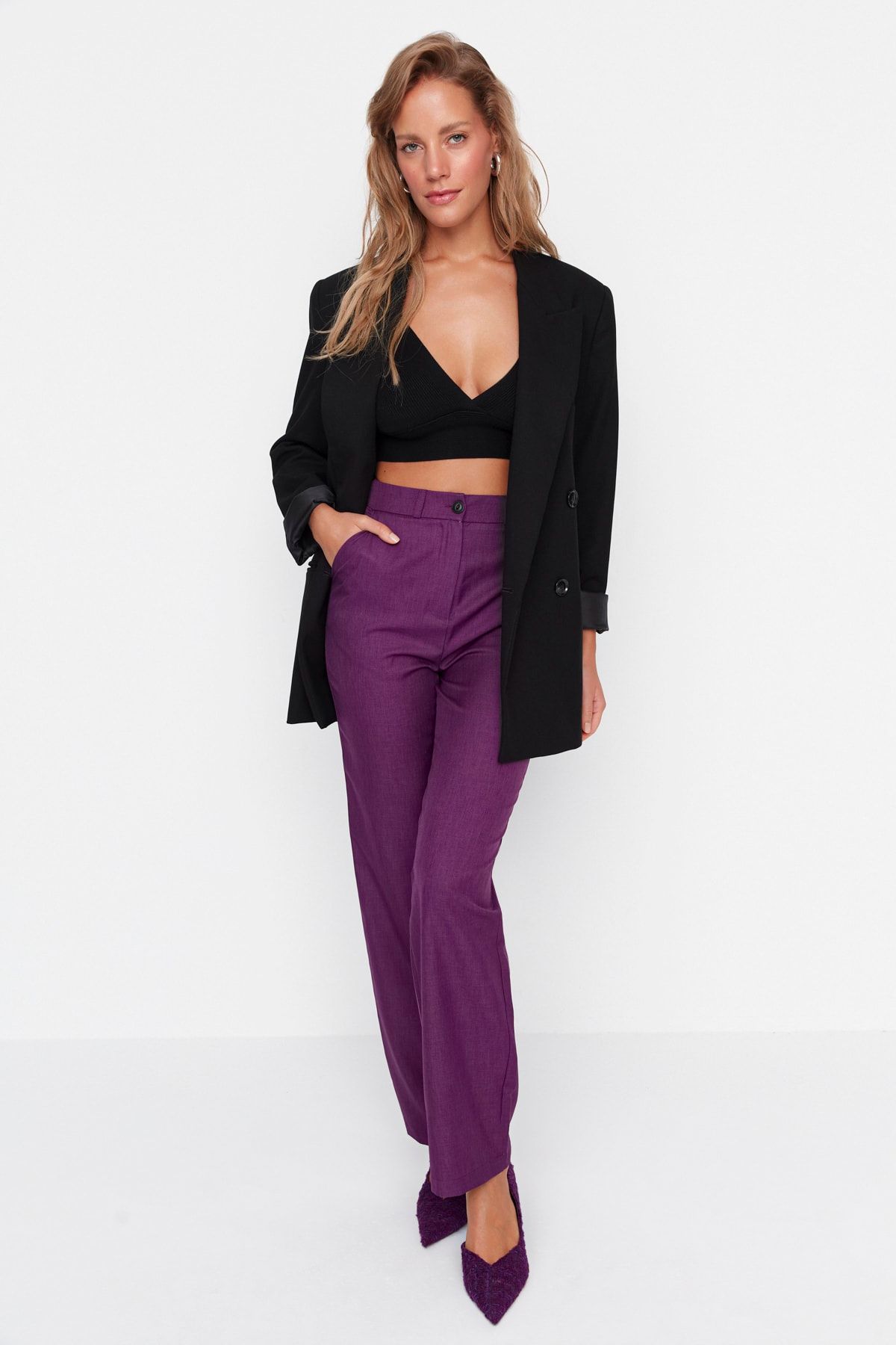 purple embroidered shoulder blade cape with cigarette pants – VERVE & VOGUE