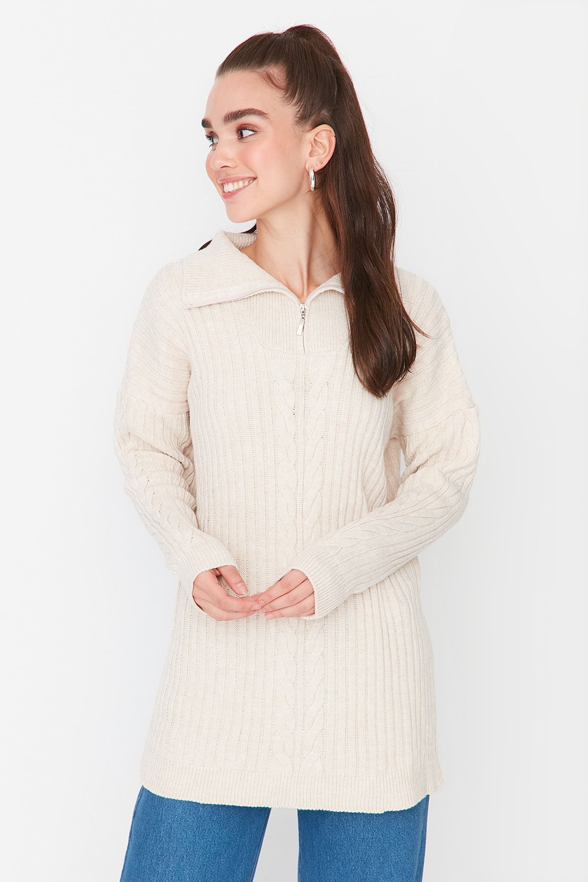 Trendyol Modest-Ecru Selanik gestrickter Strickpullover mit Reißverschluss TCTAW23AK00017 2
