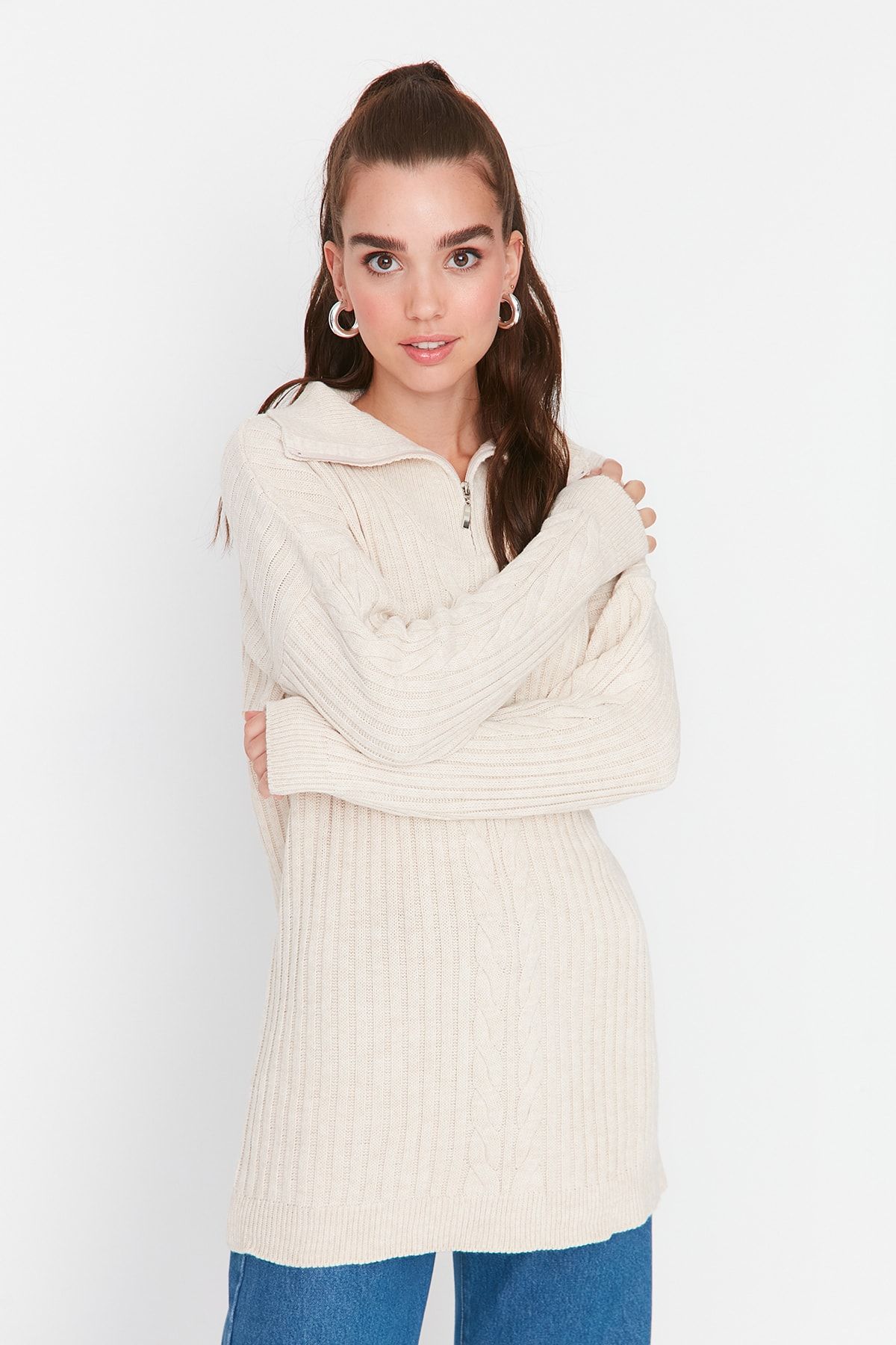 Trendyol Modest-Ecru Selanik gestrickter Strickpullover mit Reißverschluss TCTAW23AK00017 4