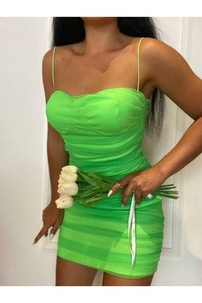 Kadın Askılı Tül Detaylı Drapeli Fıstık Yeşil Mini Elbise YY88965