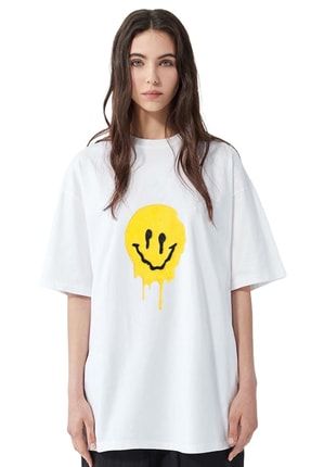 Unisex Oversize Smile Gülen Surat Nakış Işlemeli Beyaz Renk Tshirt FSTSHRT-000962