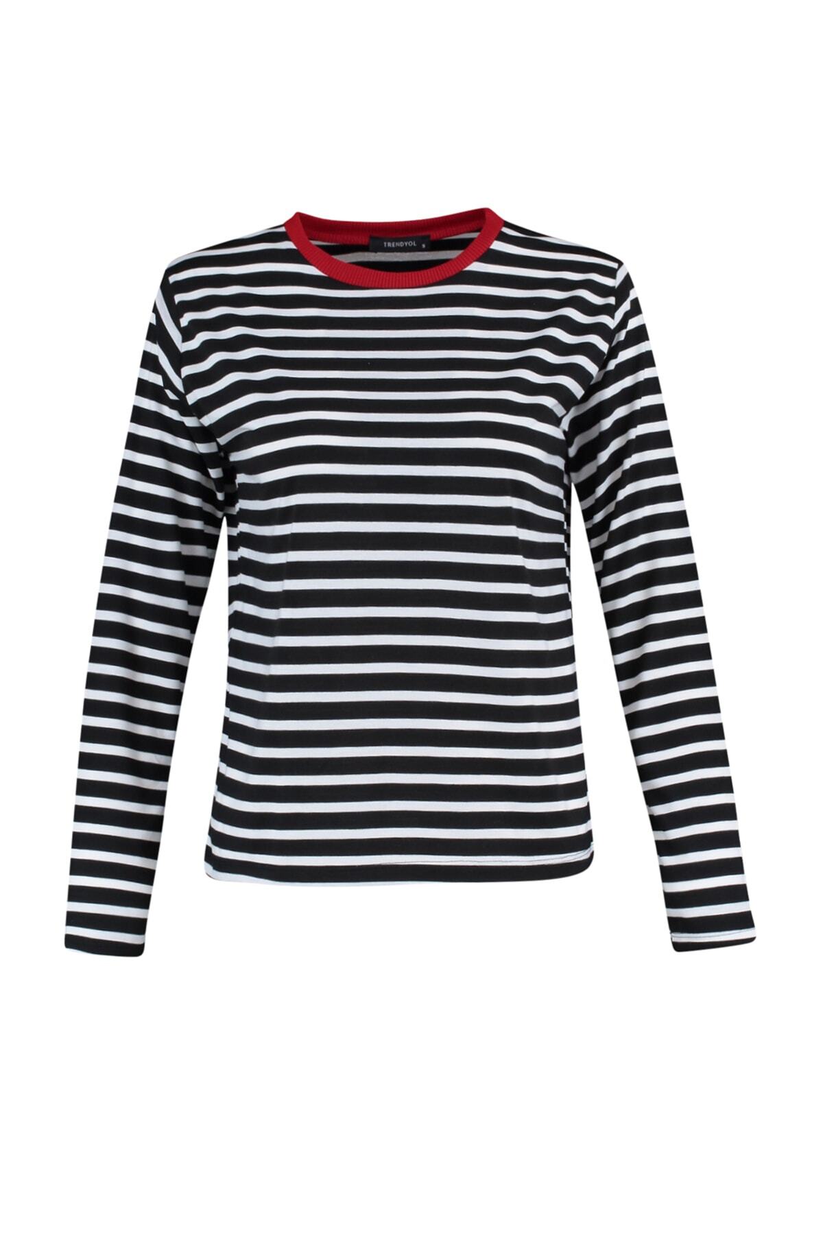 Trendyolmilla  Siyah Çizgili Relaxed Kalıp Basic Bisiklet Yaka Renkli Ribanalı Örme T-Shirt TWOAW23TS00026 - Görsel 6