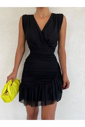 Kadın Kruvaze Yaka Eteği Drapeli Fırfırlı Şifon Astarlı Mini Elbise Siyah TKRU0SIF