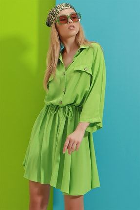 Kadın Canlı Yeşil Safari Dokuma Gömlek Elbise ALC-X6196