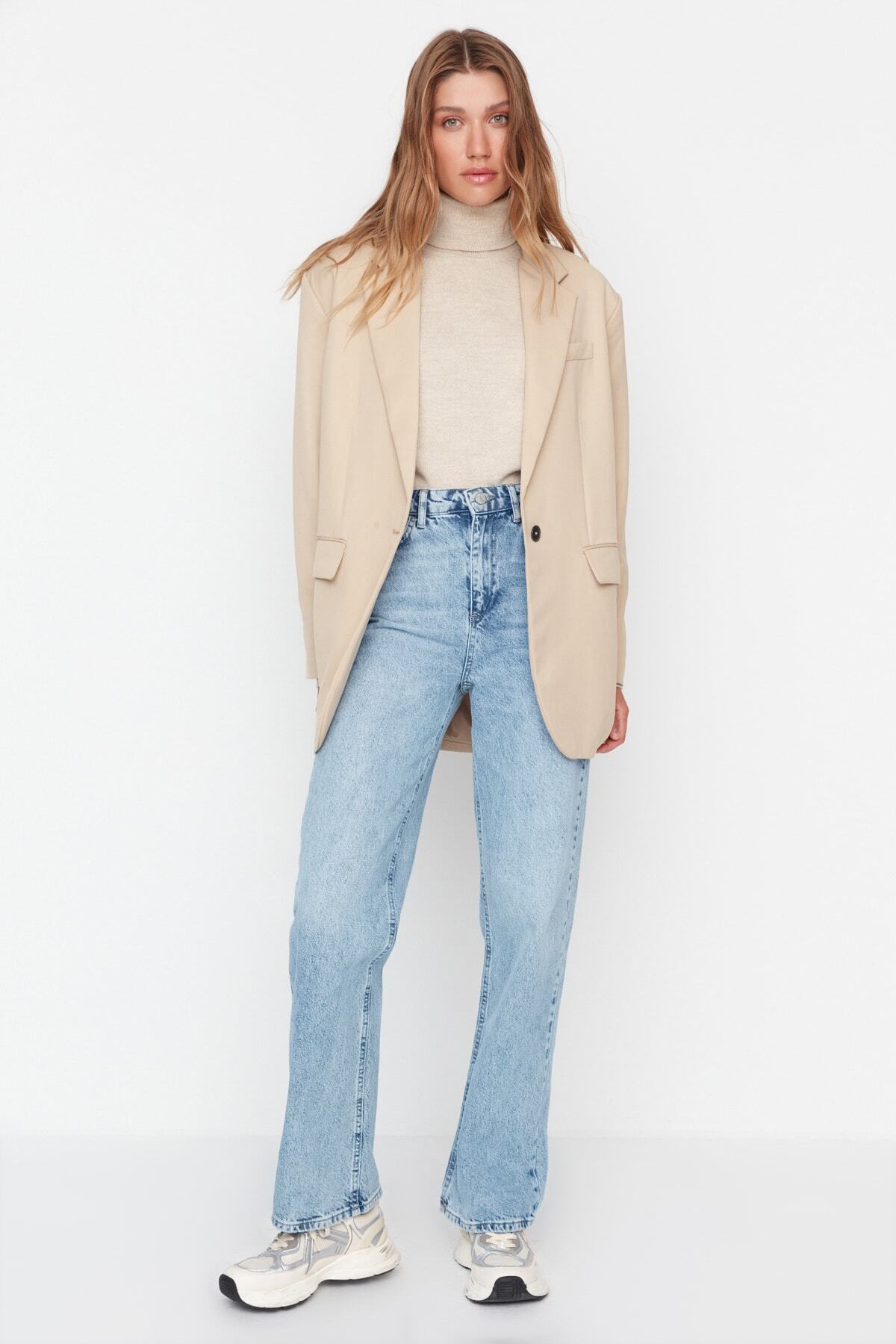 Trendyol Collection Modré dlouhé rovné džíny s vysokým pasem TWOAW23JE00111