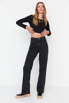 Siyah Yüksek Bel Uzun Straight Jeans TWOAW23JE00078