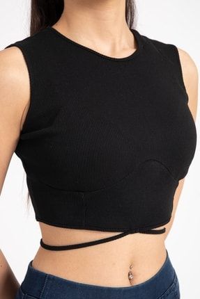 Siyah Kadın Fitilli Bağcıklı Kolsuz Crop Bluz İpli