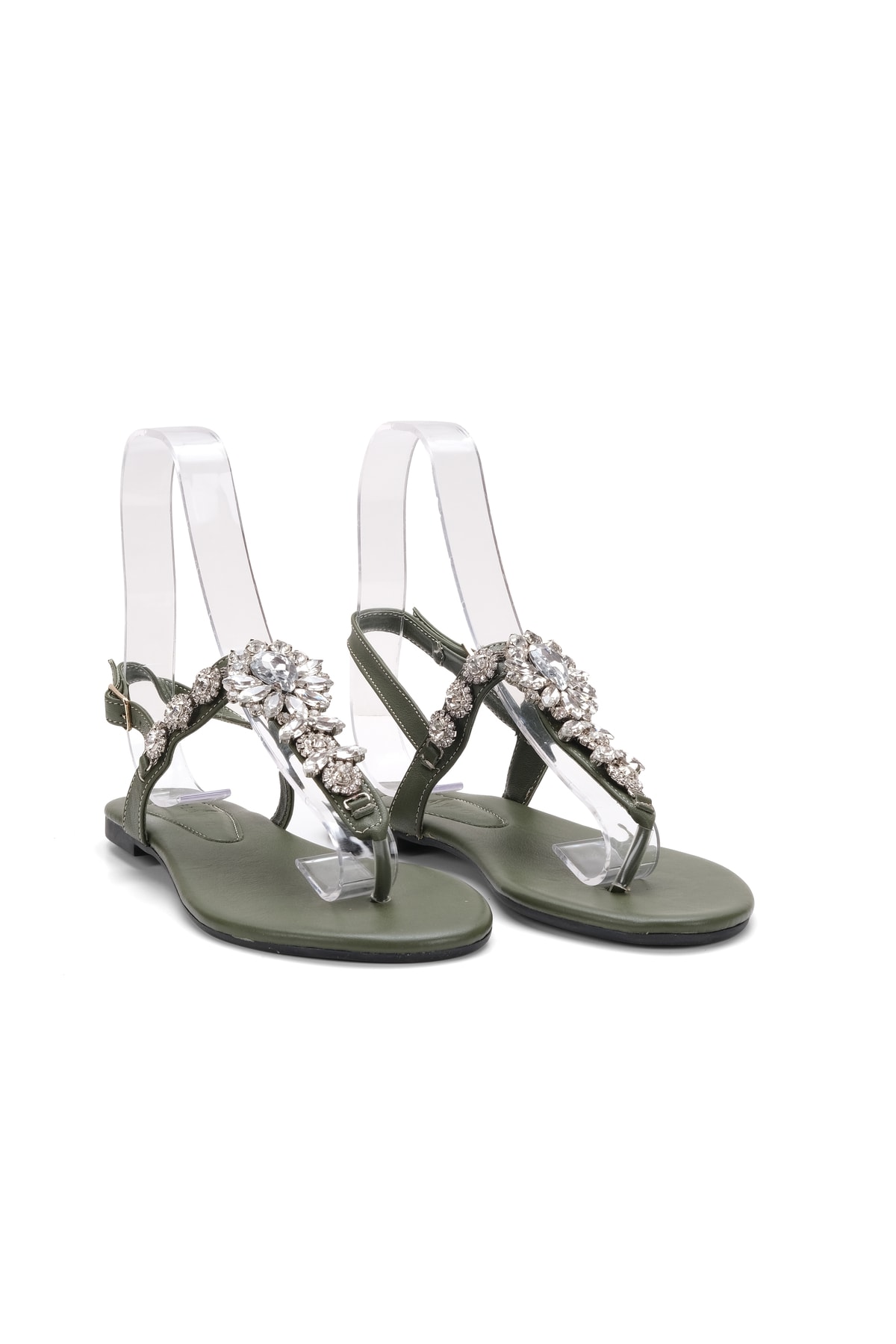 Oblavion Lavion Yeni Sezon Hakiki Deri Haki Yeşil Kristal Günlük Taşlı Kadın Sandalet