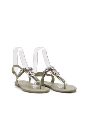 Lavion Yeni Sezon Hakiki Deri Mint Yeşili Günlük Taşlı Kadın Sandalet P-00000946