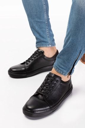 Siyah - Hakiki Deri, Erkek Sneaker Deri Ayakkabı I9-556244