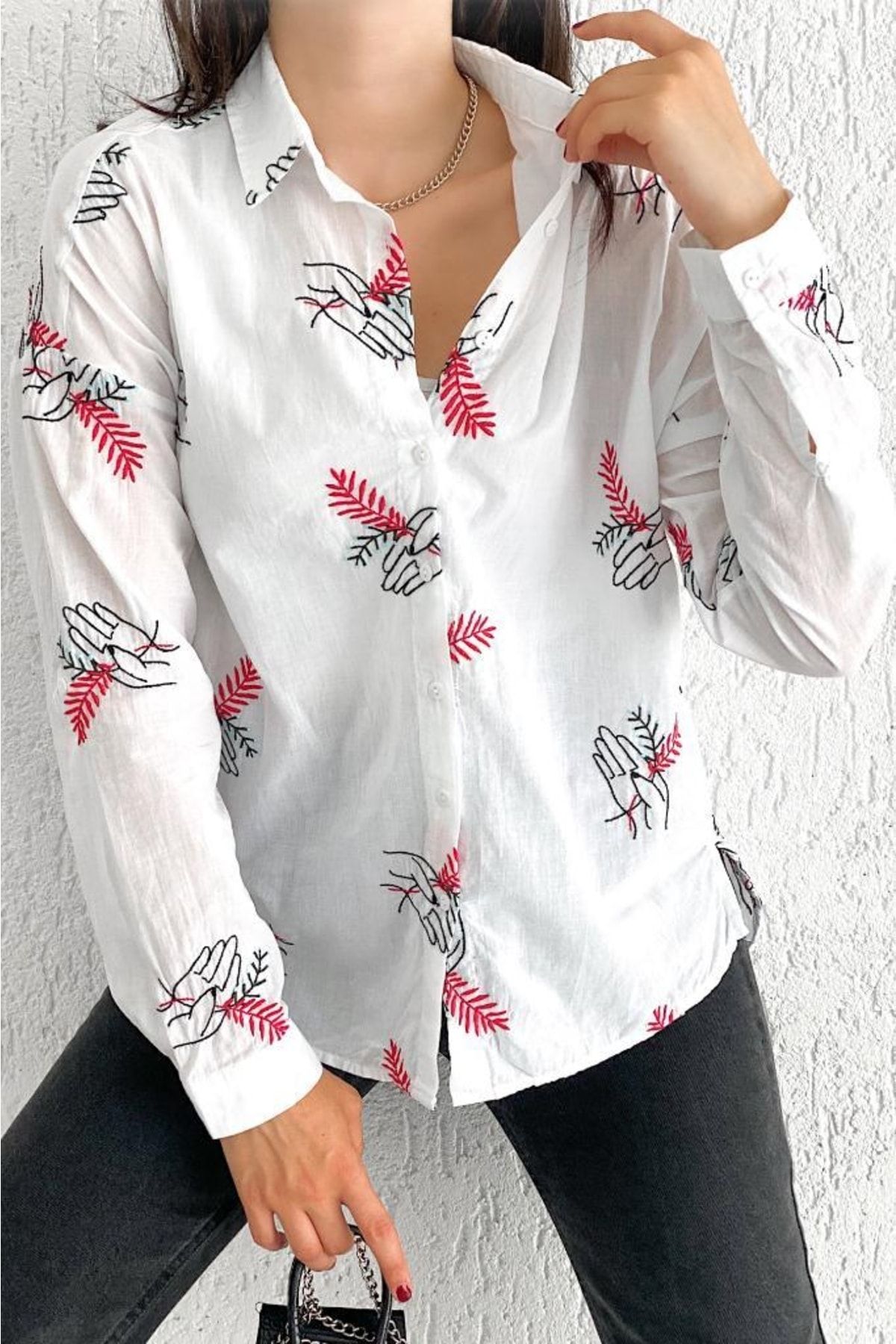 FEMELLE Women s Off Shoulder Embroidered 100 Cotton Shirt Trendyol