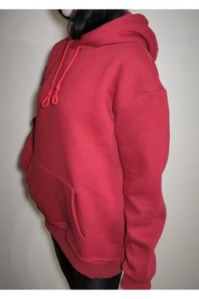 Unisex Dokuma Comfort Fit Sweatshirt Düz Renk Kırmızı Kapüşonlu 4622188465