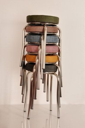 6 Adet Desenli Renkli Kumaş Nikelajlı Demir Tabure Mutfak Taburesi 6 FAŞALI RENKLİ