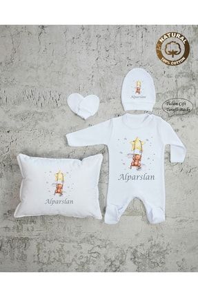 Ty E44 Isimli Erkek Bebek Yastık Tulum Şapka Eldiven Set Beyaz Hastane Çıkışı %100 Pamuk Yzce2056