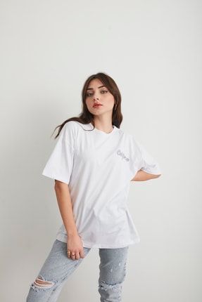 Kadın Beyaz California Baskılı Oversize T-shirt 01TCLF
